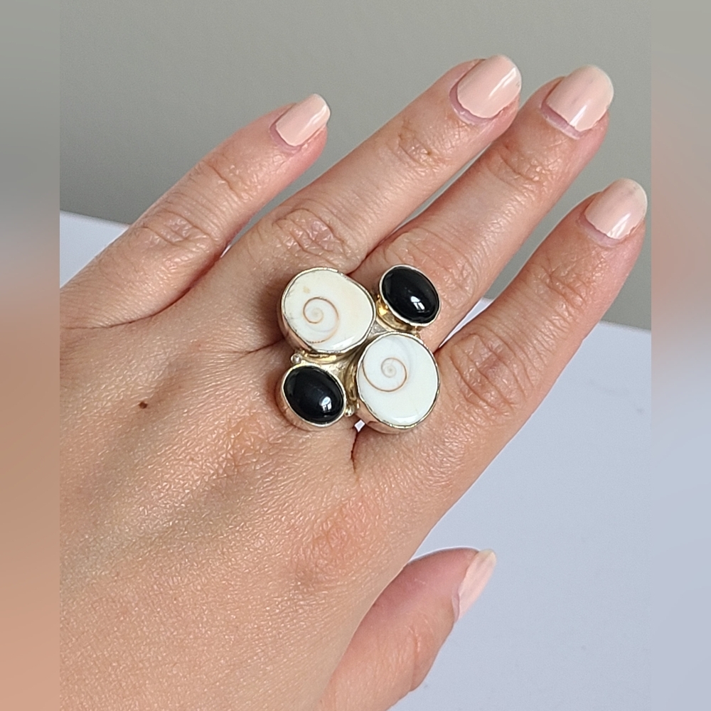 Vintage Boho Chunky Black Onyx Shiva Eye Stone Gemstone Sterling Silver Ring
